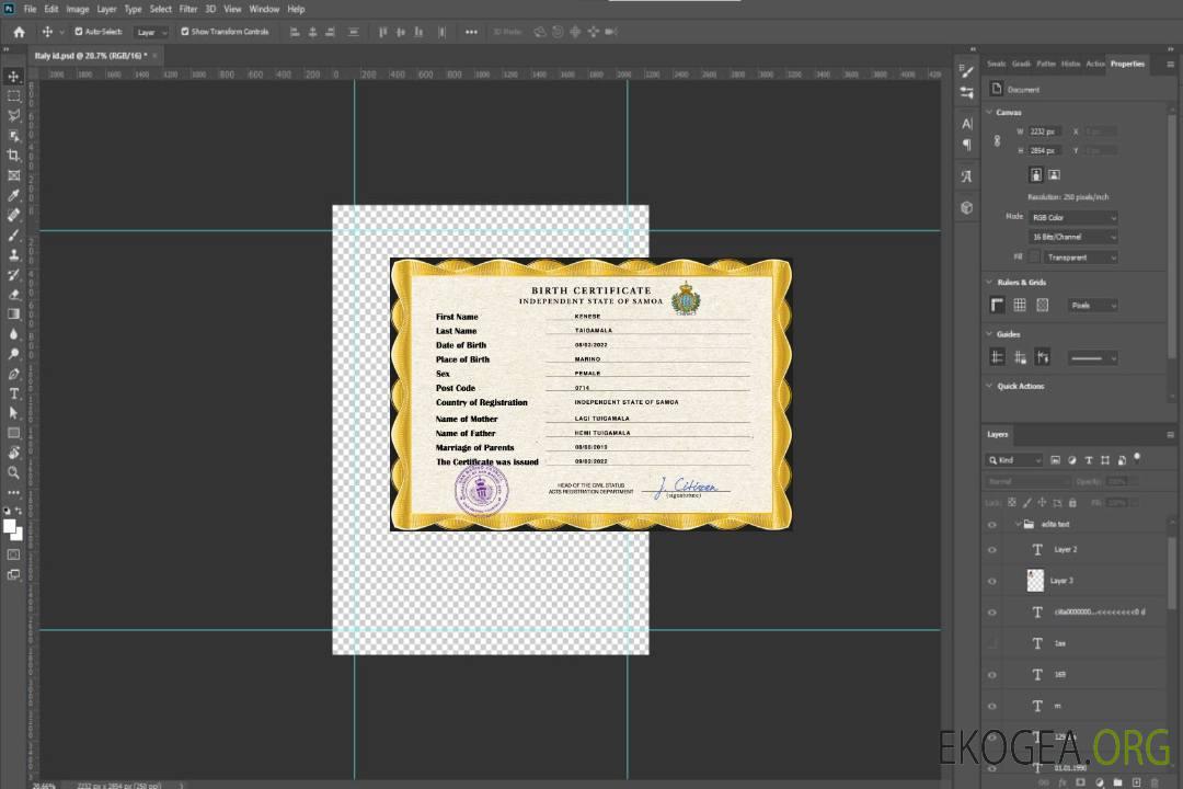 Modèle PSD de certificat de naissance de l'état civil des Samoa template